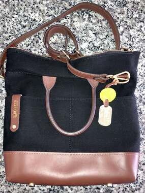 R.Riveter Otto Black Washed Canvas and Brown Leather Tote Bag